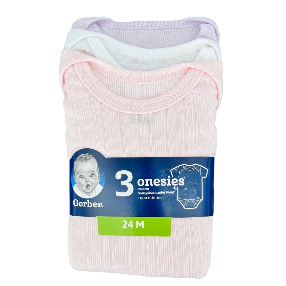 Gerber Onesies Bodysuits Girls 24M Pink White Purple Ribbed Cotton 3-Pack NEW